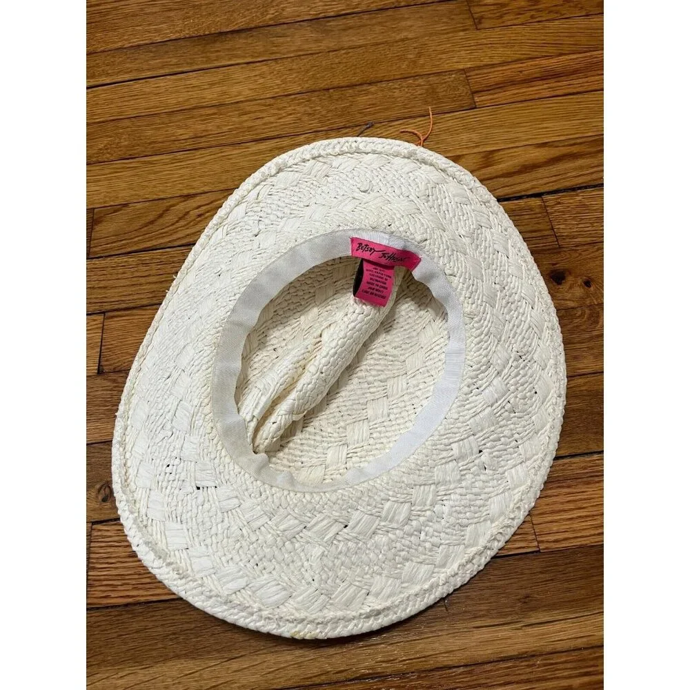 Betsey Johnson Straw Sun Hat Colorful Rainbow Trim One Size Cap Ivory EUC - Picture 9 of 11
